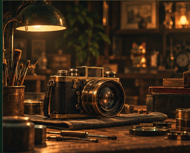 Illustrative concept of a restoration workbench with vintage objects